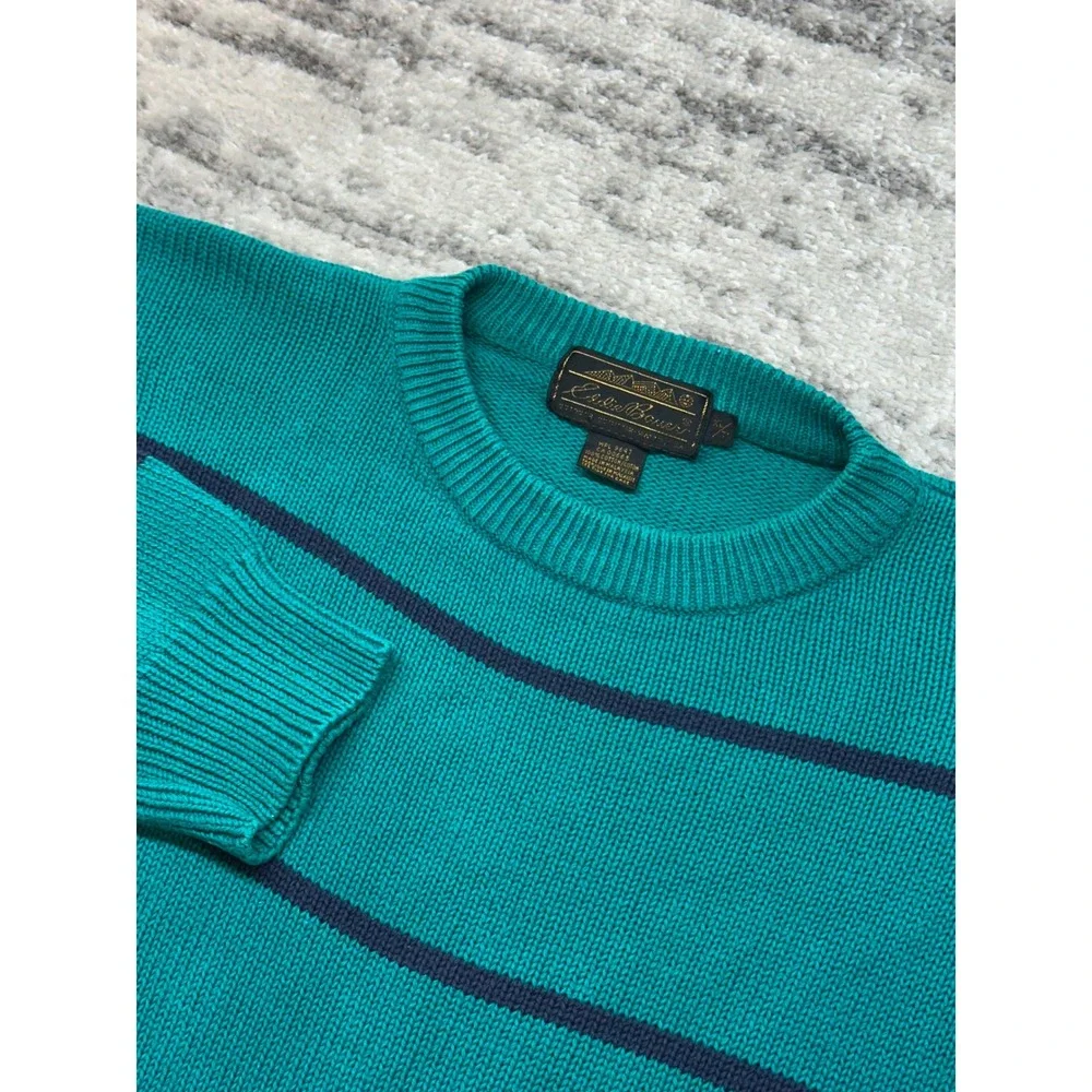 Eddie Bauer Sweater Mens XL Teal Striped VTG 90s Cotton Knit Crewneck Fisherman